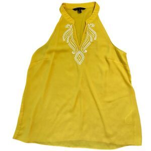 Banana Republic Yellow and White Embroidered Sleeveless Halter Neck Blouse